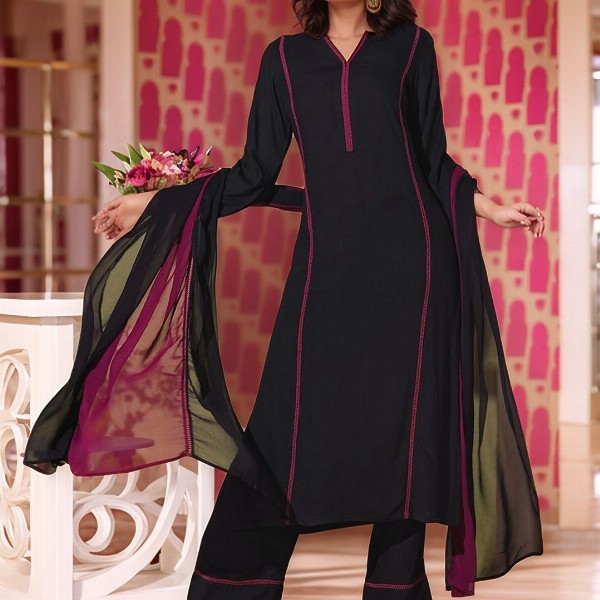 Aaghnya Women V-Neck Thread Work Straight Kurta with Palazzos & Dupatta