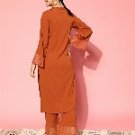 Varanga Rust Flared Sleeve Organza detailed V Neck Textured Kurta with Palazzo