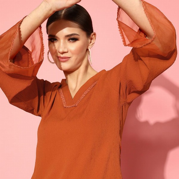 Varanga Rust Flared Sleeve Organza detailed V Neck Textured Kurta with Palazzo