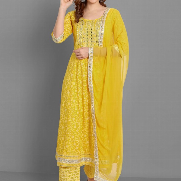 SINGNI Floral Printed Mirror Work A-Line Kurta With Trousers & Dupatta