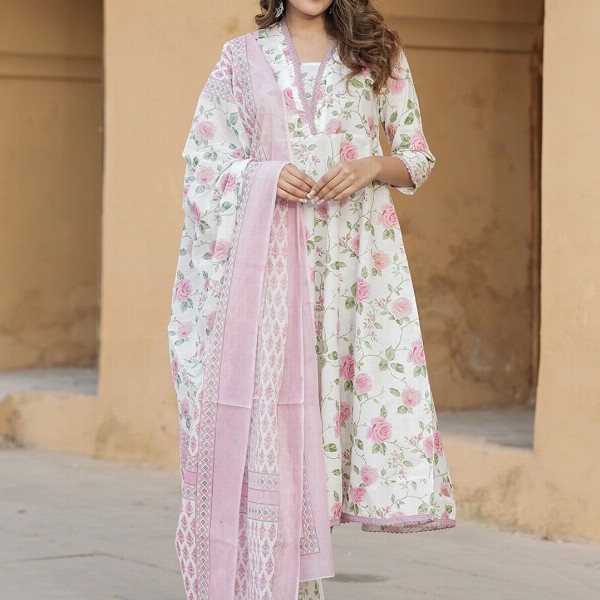 KALINI Women Floral Printed Regular Thread Work Pure Cotton Kurta with Trousers & Dupatta