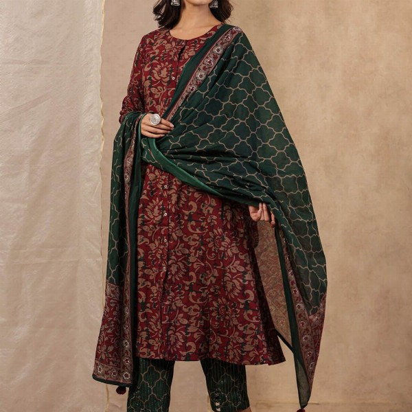 Sangria Floral Printed Pure Cotton Straight Kurta With Trouser & Dupatta