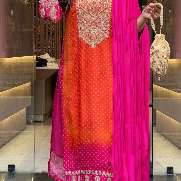 GoSriKi Bandhani Printed Sequinned Embroidery Work Kurta with Trousers & Dupatta