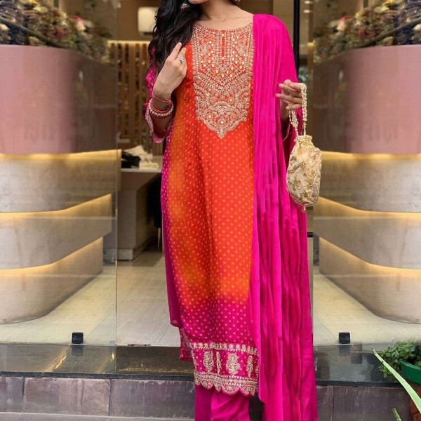 GoSriKi Bandhani Printed Sequinned Embroidery Work Kurta with Trousers & Dupatta