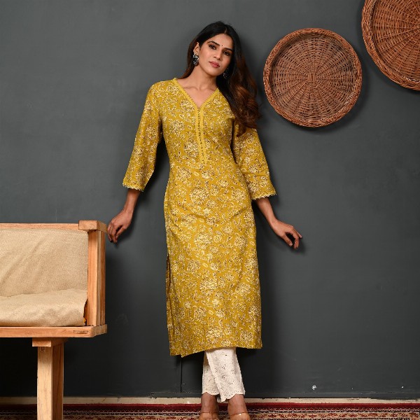 Rimeline Floral Printed V-Neck Pure Cotton Straight Kurtas