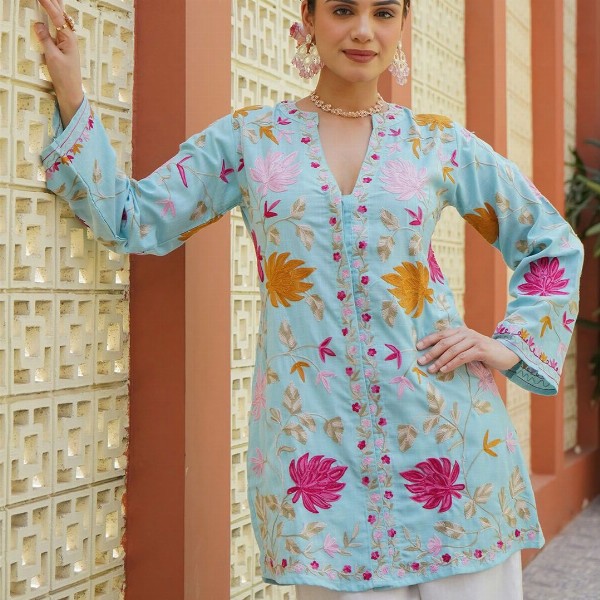 HOUSE OF KARI Women Ethnic Motifs Embroidered Flared Sleeves Cotton A-Line Kurta
