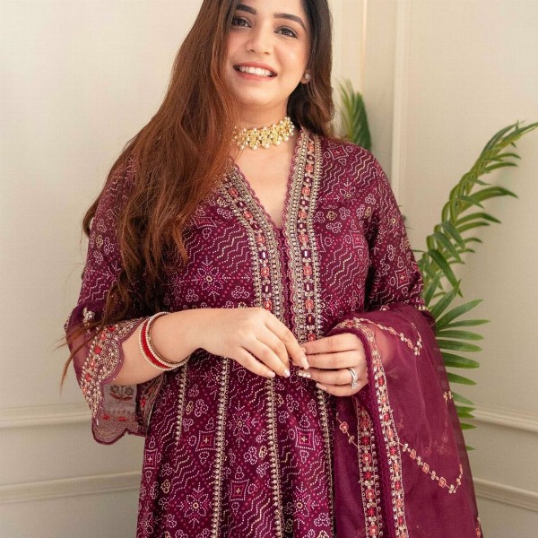 KALINI Ethnic Motif Printed Embroidered Panelled A-Line Kurta with Trousers & Dupatta