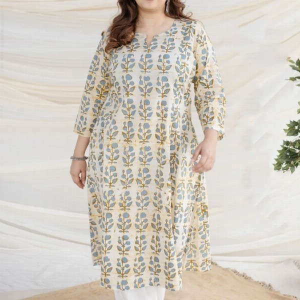 THE INDIAN ETHNIC CO White Ajrakh Cotton Kali Kurta