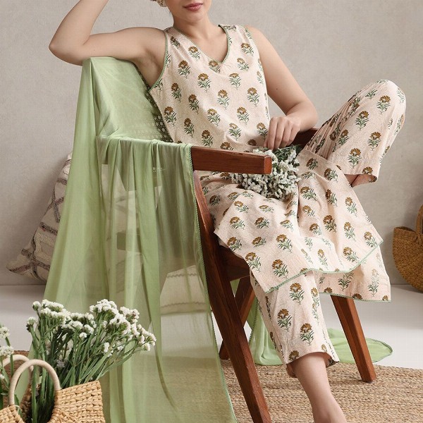 Khushal K Floral Printed V-Neck Pure Cotton Kurta With Palazzos And Dupatta