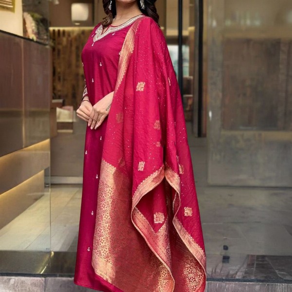 KALINI Floral Embroidered Straight Kurta With Trousers & Dupatta