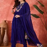 Sangria Floral Yoke Design Straight A-Line With Trouser And Dupatta