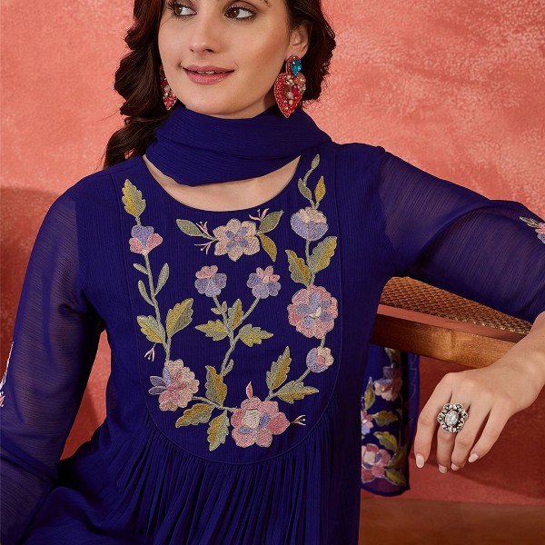 Sangria Floral Yoke Design Straight A-Line With Trouser And Dupatta
