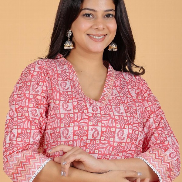 Aramya Paisley Printed V-Neck Regular Pure Cotton Kurta With Trouser With Dupatta