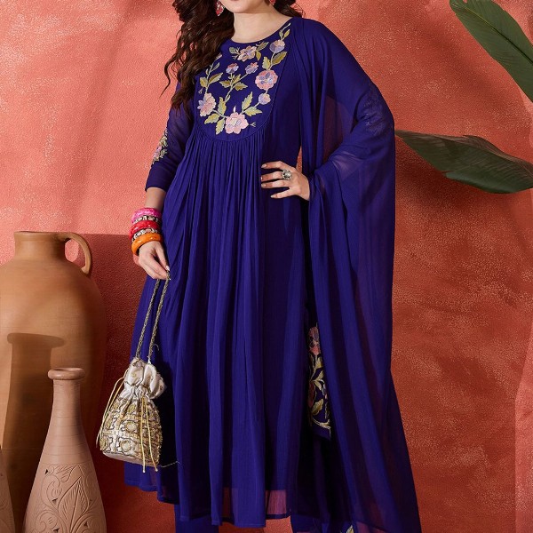 Sangria Floral Yoke Design Straight A-Line With Trouser And Dupatta