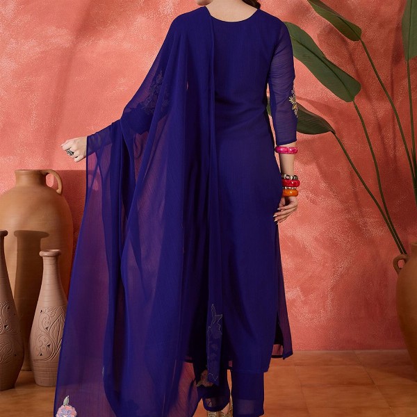 Sangria Floral Yoke Design Straight A-Line With Trouser And Dupatta