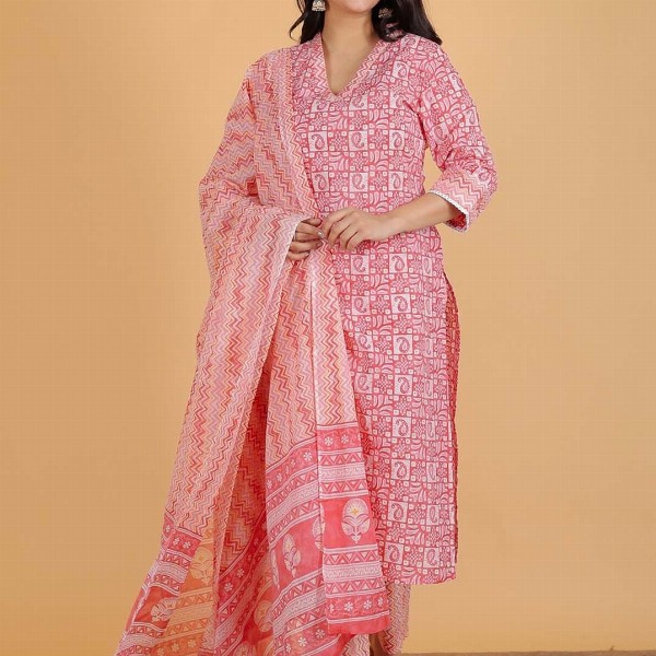 Aramya Paisley Printed V-Neck Regular Pure Cotton Kurta With Trouser With Dupatta