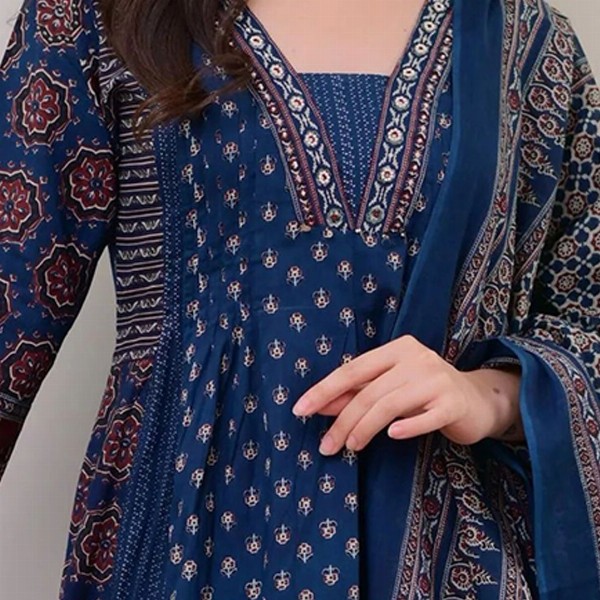 KALINI Floral Printed V Neck Anarkali Kurta With Trousers & Dupatta