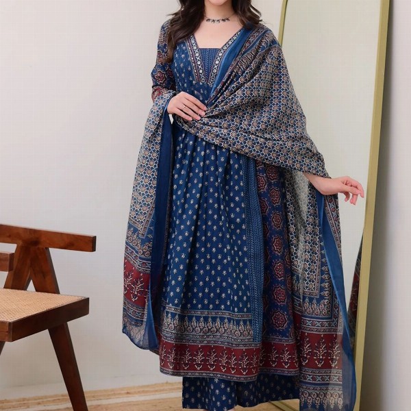 KALINI Floral Printed V Neck Anarkali Kurta With Trousers & Dupatta