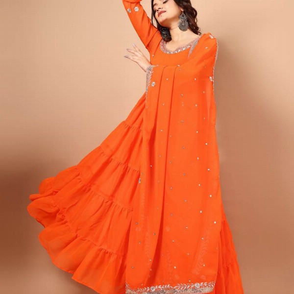 KALINI Floral Embroidered Georgette Anarkali Kurta with Pyjama & With Dupatta