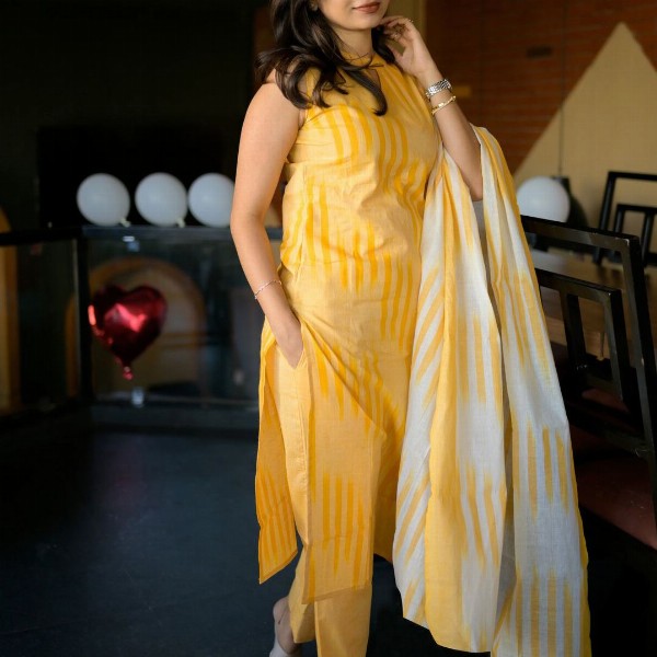 GoSriKi Striped Key Hole Neck Kurta With Trousers & Dupatta