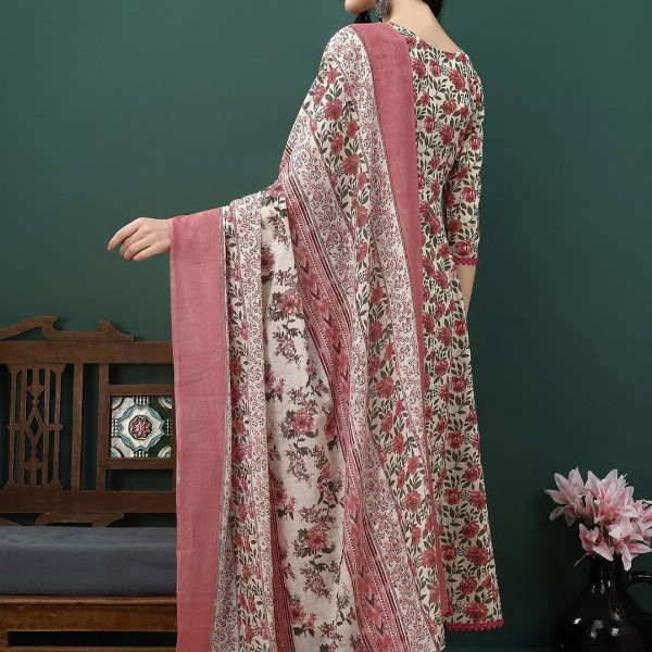 KALINI Floral Printed Pure Cotton Anarkali Kurta With Trousers & Dupatta