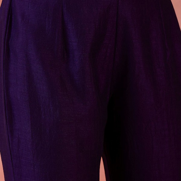 Sangria Floral Embroidered V-Neck A-Line Kurta With Trousers & Dupatta