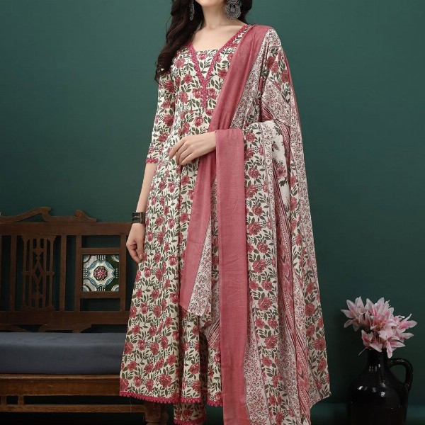 KALINI Floral Printed Pure Cotton Anarkali Kurta With Trousers & Dupatta