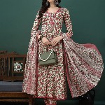 KALINI Floral Printed Pure Cotton Anarkali Kurta With Trousers & Dupatta