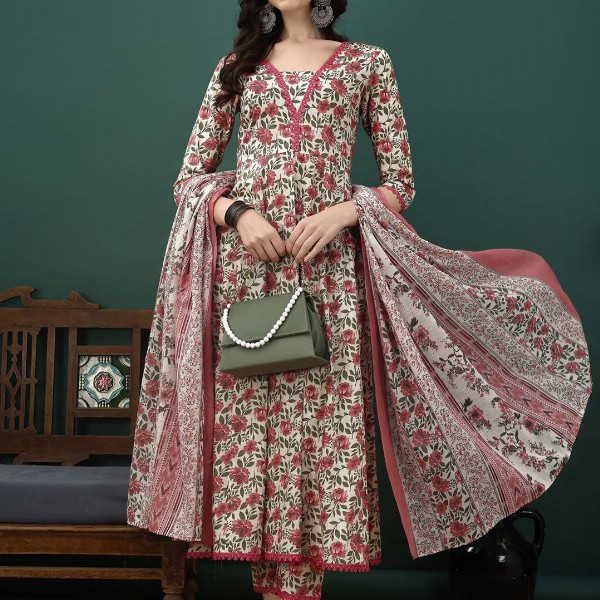 KALINI Floral Printed Pure Cotton Anarkali Kurta With Trousers & Dupatta