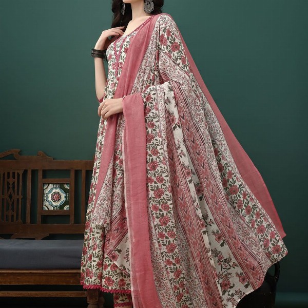 KALINI Floral Printed Pure Cotton Anarkali Kurta With Trousers & Dupatta