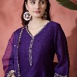 Sangria Floral Embroidered V-Neck A-Line Kurta With Trousers & Dupatta