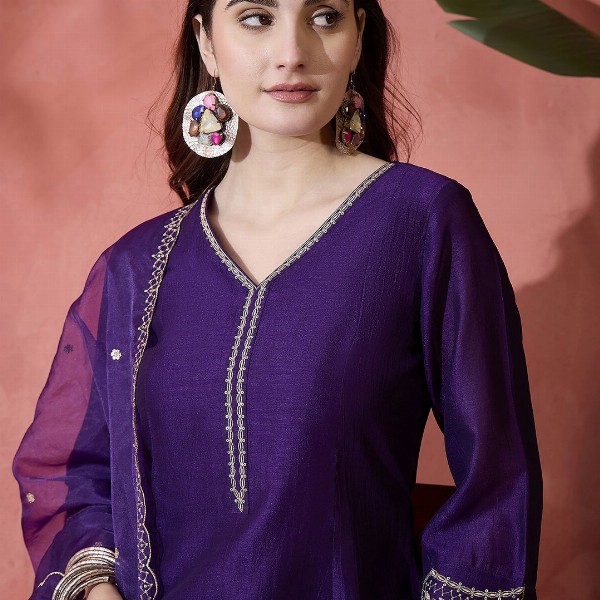 Sangria Floral Embroidered V-Neck A-Line Kurta With Trousers & Dupatta