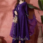 Sangria Floral Embroidered V-Neck A-Line Kurta With Trousers & Dupatta
