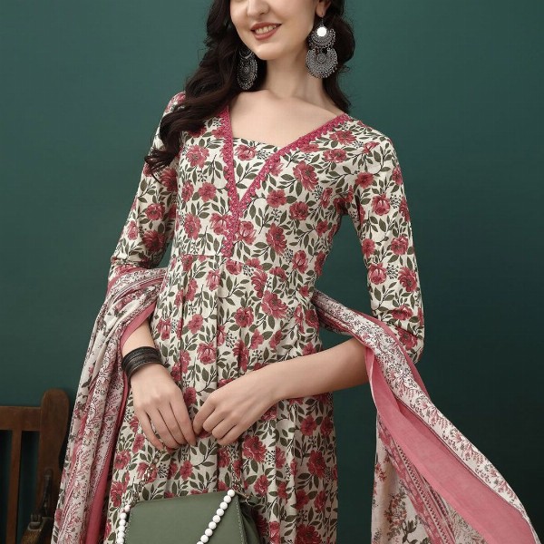 KALINI Floral Printed Pure Cotton Anarkali Kurta With Trousers & Dupatta