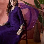 Sangria Floral Embroidered V-Neck A-Line Kurta With Trousers & Dupatta