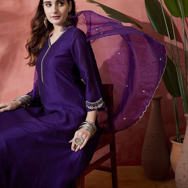 Sangria Floral Embroidered V-Neck A-Line Kurta With Trousers & Dupatta
