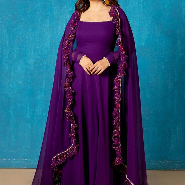 NUD Amethyst Square Neck Gotta Patti Georgette Anarkali Kurta With Dupatta