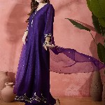 Sangria Floral Embroidered V-Neck A-Line Kurta With Trousers & Dupatta
