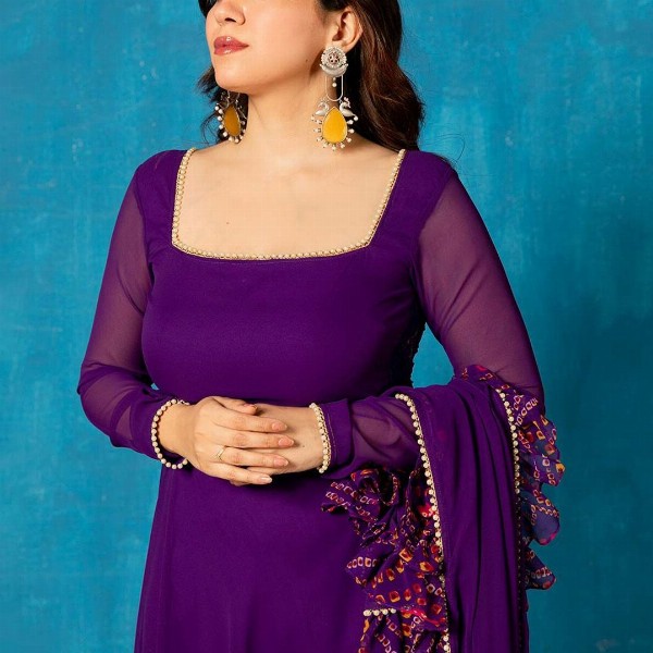 NUD Amethyst Square Neck Gotta Patti Georgette Anarkali Kurta With Dupatta