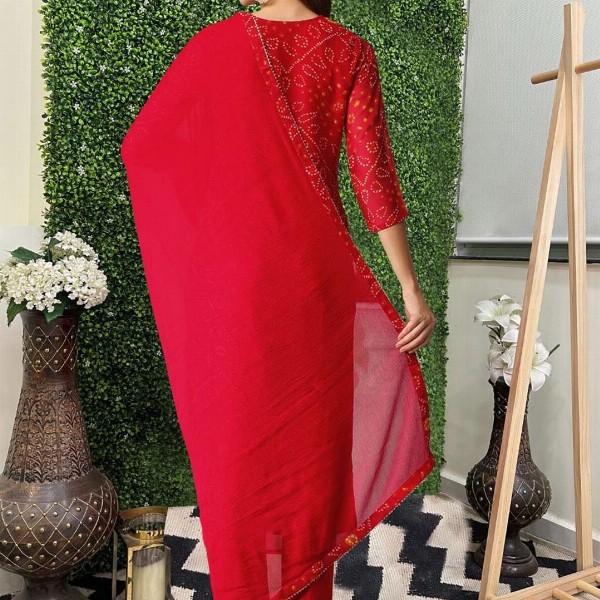 GoSriKi Bandhani Printed Round Neck Straight Kurta With Trousers & Dupatta