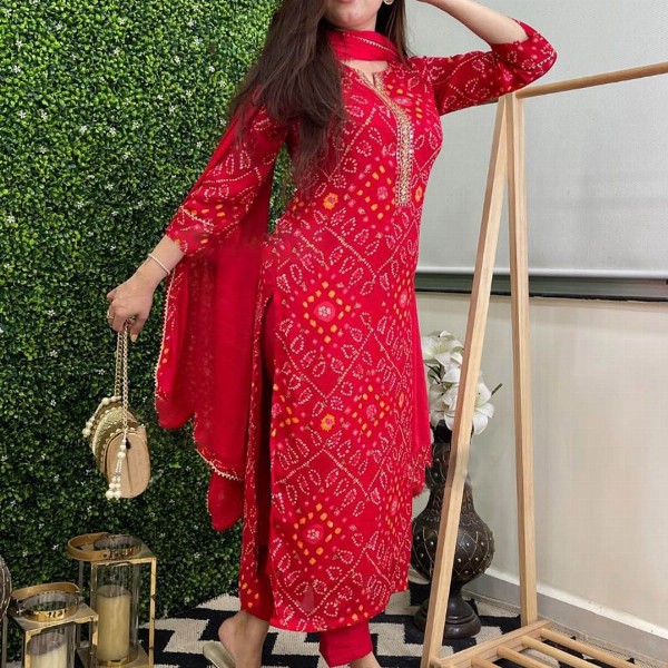 GoSriKi Bandhani Printed Round Neck Straight Kurta With Trousers & Dupatta