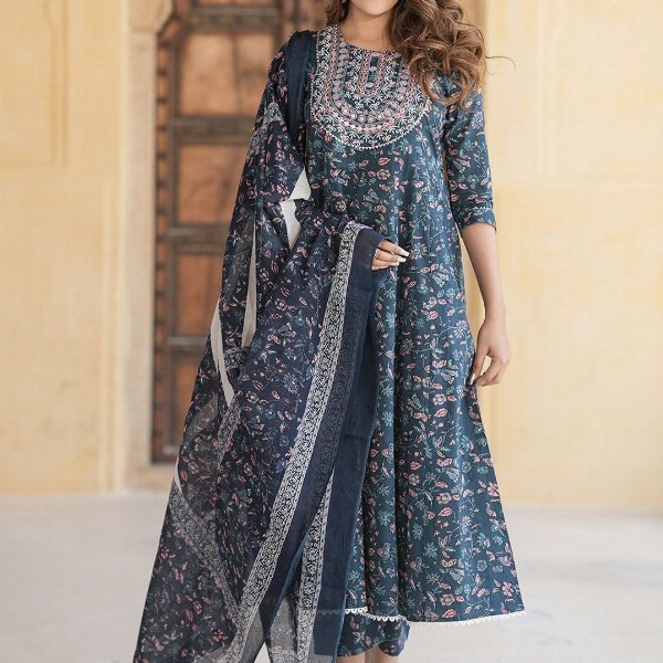 KALINI Floral Embroidered Thread Work Pure Cotton Anarkali Kurta With Trousers & Dupatta