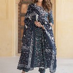 KALINI Floral Embroidered Thread Work Pure Cotton Anarkali Kurta With Trousers & Dupatta