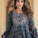 KALINI Floral Embroidered Thread Work Pure Cotton Anarkali Kurta With Trousers & Dupatta