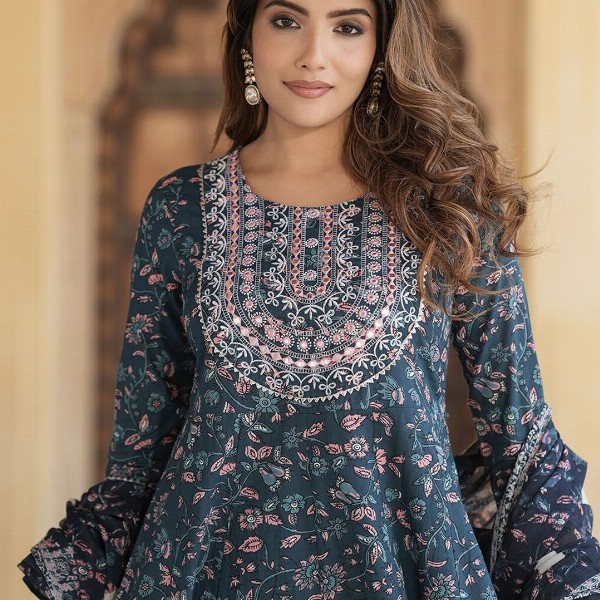 KALINI Floral Embroidered Thread Work Pure Cotton Anarkali Kurta With Trousers & Dupatta