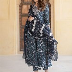 KALINI Floral Embroidered Thread Work Pure Cotton Anarkali Kurta With Trousers & Dupatta