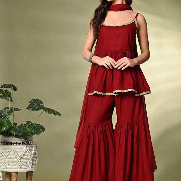 Sangria A-Line Kurti With Sharara & Dupatta