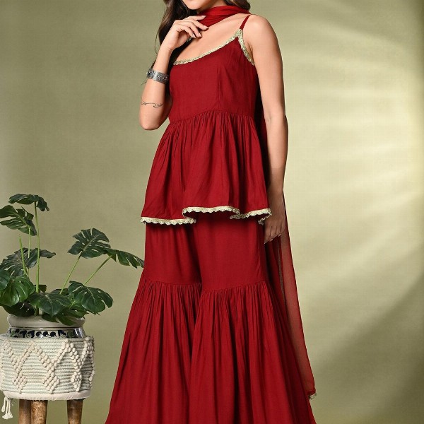 Sangria A-Line Kurti With Sharara & Dupatta