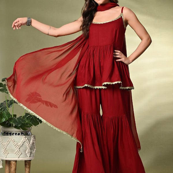 Sangria A-Line Kurti With Sharara & Dupatta