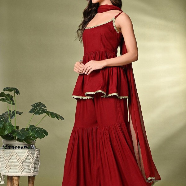 Sangria A-Line Kurti With Sharara & Dupatta
